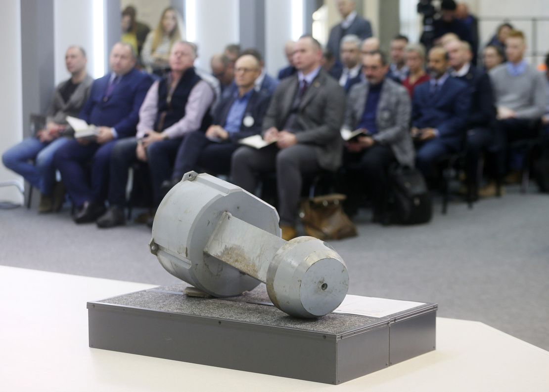 A dud warhead imitating a nuclear part of a Kh-55SM strategic cruise missile, which was used by Russian troops during missile attacks on Ukraine, is seen during a media briefing in Kyiv, Ukraine, in December 2022.