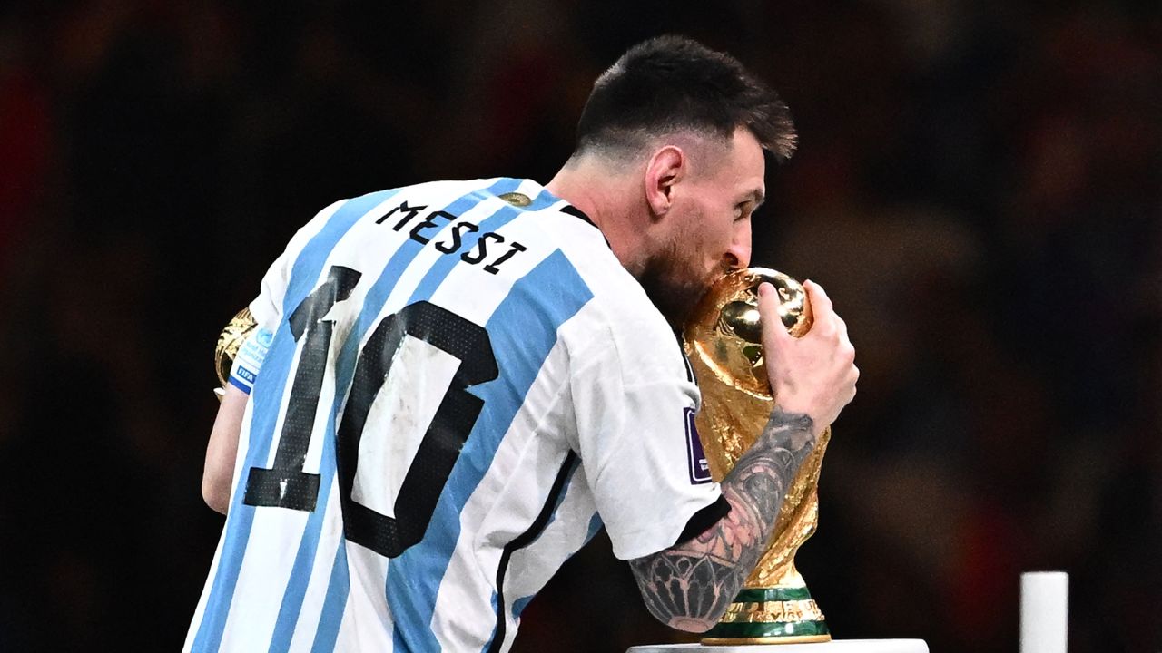 Lionel Messi during the trophy ceremony at the end of the Qatar 2022 World Cup final football match between Argentina and France last year.