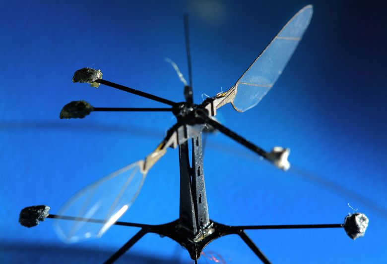 A RoboBee rests at a work station in the lab.