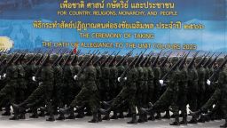 Members of the Thai army take part in The Ceremony of Taking the Oath of Allegiance to The Unit Colours 2023 on Thailand's National Armed Forces Day at the Royal Thai Army Cavalry Center in Saraburi province, Thailand, on January 18, 2023.