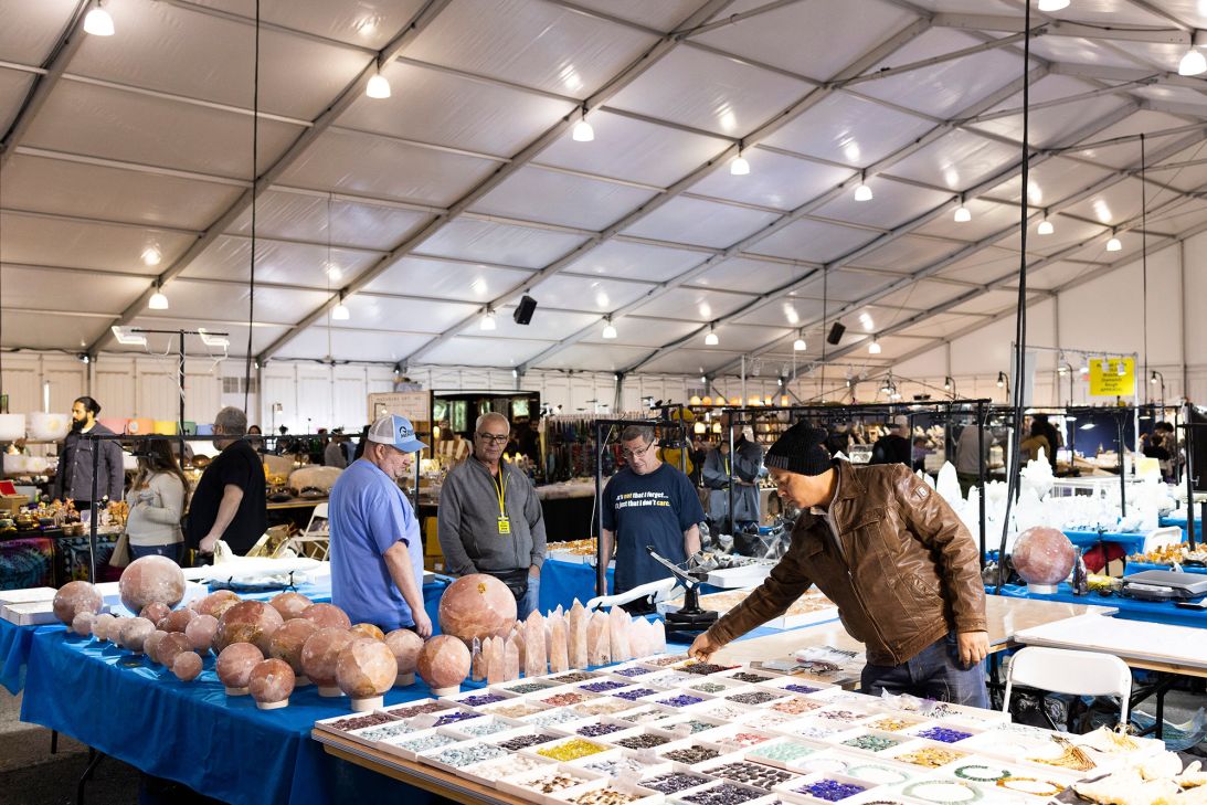 People visit the 22nd Street Mineral, Fossil, Gem and Jewelry Show in Tucson, Arizona, in 2023. It's part of the Tucson Gem, Mineral & Fossil Showcase.