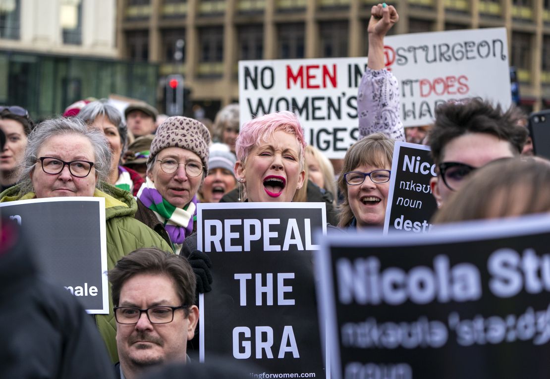 Demonstrators protest Scotland's recent Gender Recognition Reform Bill, which was opposed by Sunak's government.