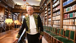 Peruvian writer and Nobel literature prize winner Mario Vargas Llosa poses for a photograph during the ceremony of his induction into the Academie Francaise (French Academy), in Paris, February 9, 2023. - Peruvian Nobel-winning author Mario Vargas Llosa was set to  the fabled Academie Francaise in Paris on February 9, the first member never to have written a book in French. 
The 86-year-old novelist, who also has Spanish citizenship, controversially invited the former king of Spain, Juan Carlos, to his inauguration ceremony. (Photo by Emmanuel DUNAND / AFP) (Photo by EMMANUEL DUNAND/AFP via Getty Images)