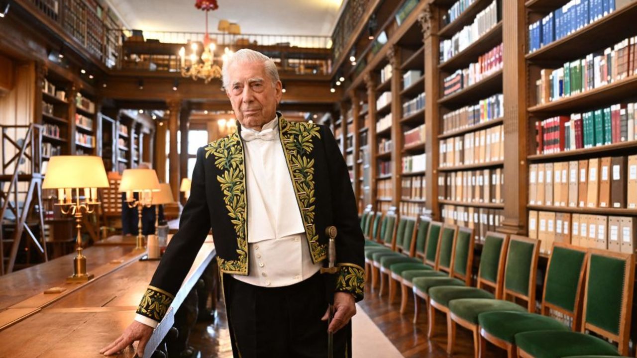 Peruvian writer and Nobel literature prize winner Mario Vargas Llosa poses for a photograph during the ceremony of his induction into the Academie Francaise (French Academy), in Paris, February 9, 2023. - Peruvian Nobel-winning author Mario Vargas Llosa was set to  the fabled Academie Francaise in Paris on February 9, the first member never to have written a book in French. 
The 86-year-old novelist, who also has Spanish citizenship, controversially invited the former king of Spain, Juan Carlos, to his inauguration ceremony. (Photo by Emmanuel DUNAND / AFP) (Photo by EMMANUEL DUNAND/AFP via Getty Images)
