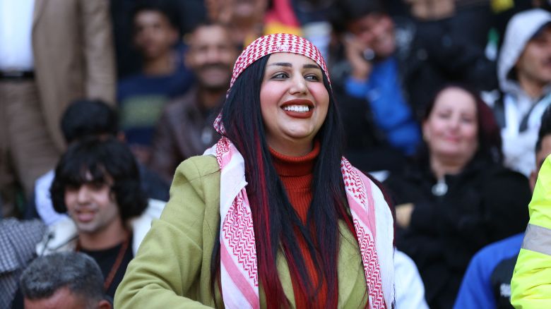 Iraqi TikTok celebrity Umm Fahed is pictured at the Basra International Stadium during a match of the Arabian Gulf Cup football tournament on January 19, 2023.