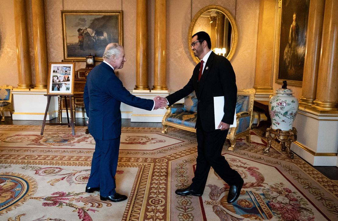 Britain's King Charles III shakes hands with United Arab Emirates' Minister of State, CEO of the Abu Dhabi National Oil Company and President of COP28, Sultan Ahmed al Jaber, at Buckingham Palace in February.