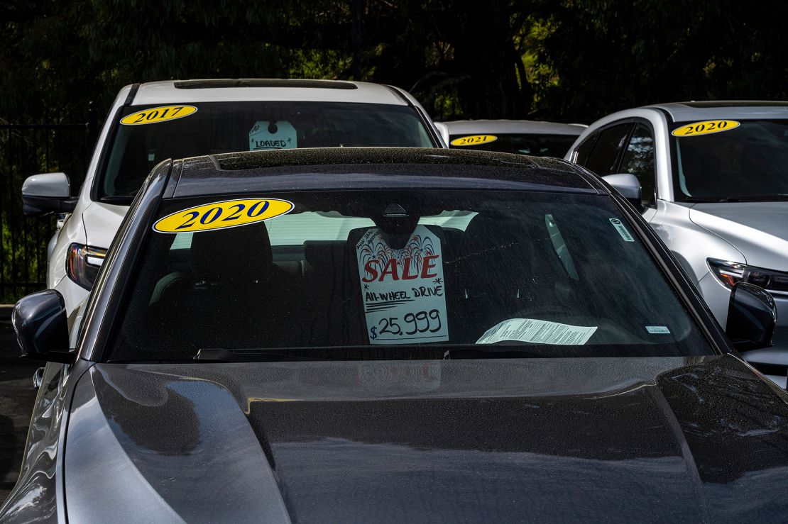 Used vehicles for sale at a dealership in Richmond, California, in February 2023.