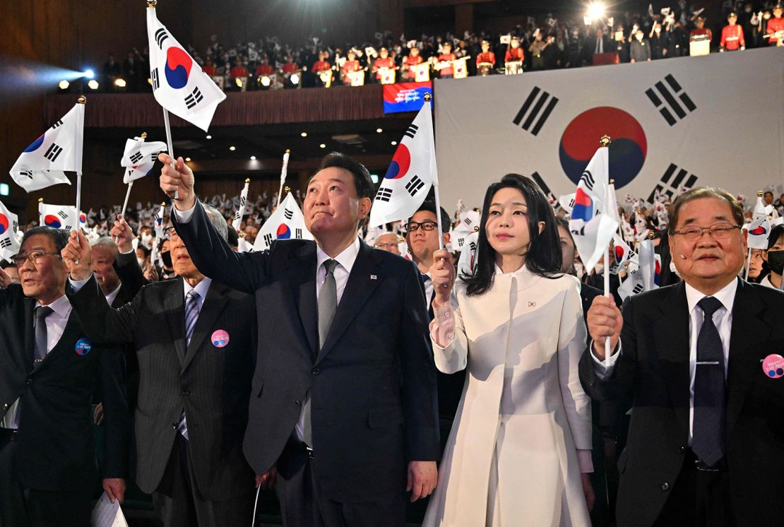 South Korean President Yoon Suk Yeol and his wife, Kim Keon Hee, attend an Independence Movement Day event in Seoul on March 1, 2023.