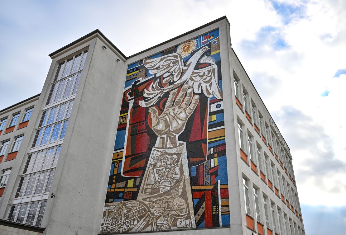 A large mosaic artwork by German Socialist Realist artist Walter Womacka on the facade of a former department store in the town.