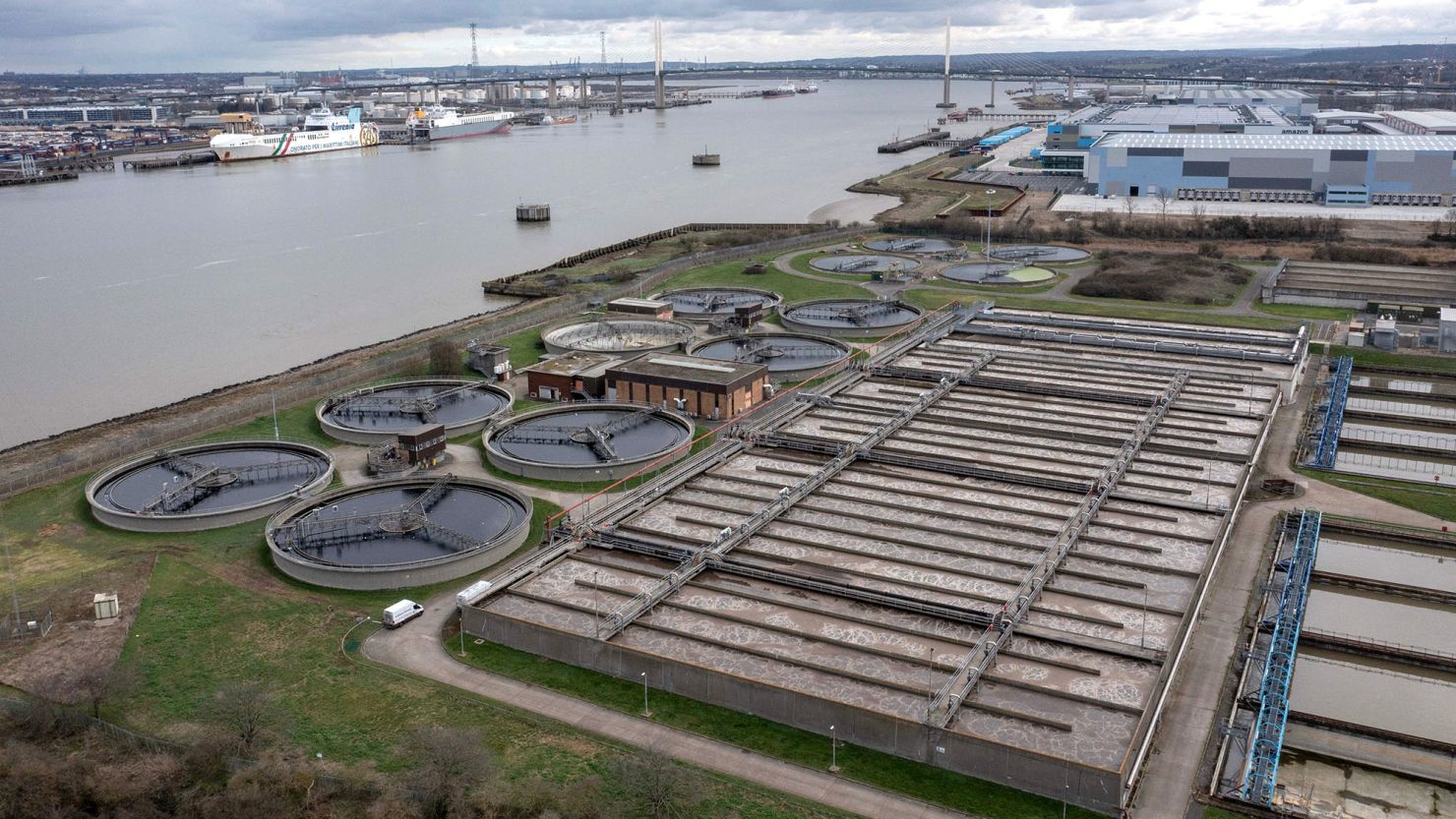 A Thames Water water treatment facility on the banks of the River Thames in Dartford, east of London, pictured in March 2023.