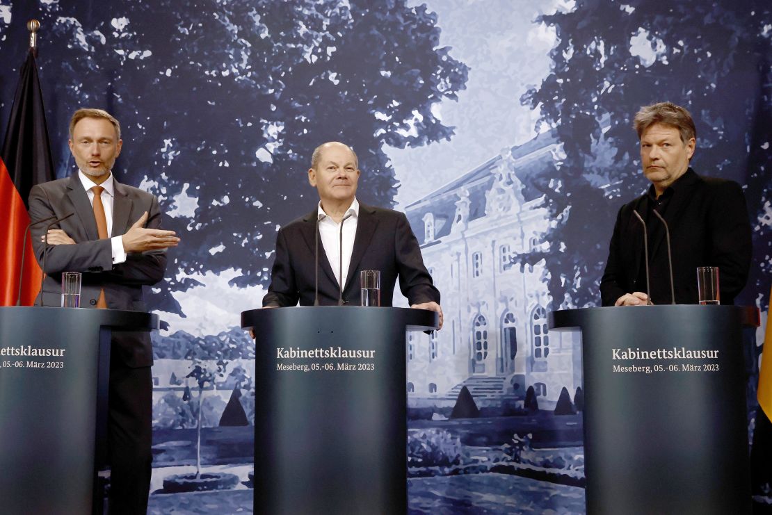 The leaders of Germany's three-way governing coalition, from left: finance minister Christian Lindner of the Free Democratic Party, chancellor<strong> </strong>Olaf Scholz of the Social Democratic Party and vice-chancellor Robert Habeck of the Green Party.