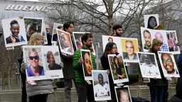 Families and friends who lost loved ones in the March 2019 Boeing 737 Max crash in Ethiopia, hold a memorial protest in front of the Boeing headquarters in Arlington, Virginia, in 2023 to mark the four-year anniversary of the event. Attorneys for those families say that the Justice Department is looking at dropping criminal charges against Boeing that arose out of the crash.