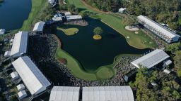 PONTE VEDRA BEACH, FLORIDA - MARCH 11: An aerial drone view of the 17th hole during the third round of THE PLAYERS Championship at Stadium Course at TPC Sawgrass on March 11, 2023 in Ponte Vedra Beach, Florida. (Photo by Chris Condon/PGA TOUR Via Getty images)