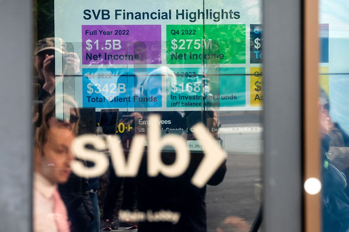 A display lists Silicon Valley Bank's accomplishments as customers gather to withdraw money at SVB headquarters in Santa Clara, California, March 13, 2023.