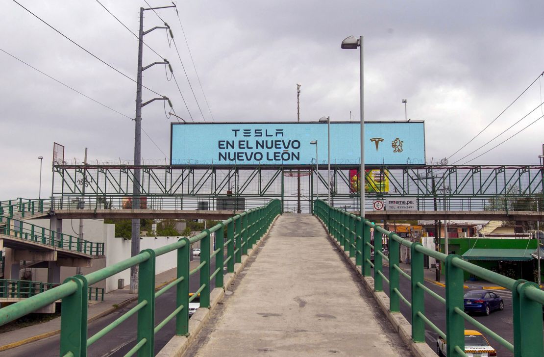 A billboard announcing the arrival of Tesla seen in Monterrey, state of Nuevo Leon, Mexico, on March 12, 2023