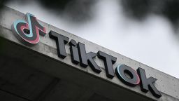 The TikTok logo is displayed outside TikTok social media app company offices in Culver City, California, on March 16, 2023.
