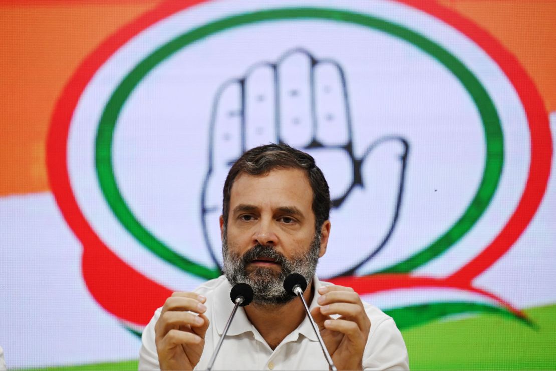 Congress party leader Rahul Gandhi speaks during a press conference in New Delhi on March 25, 2023.