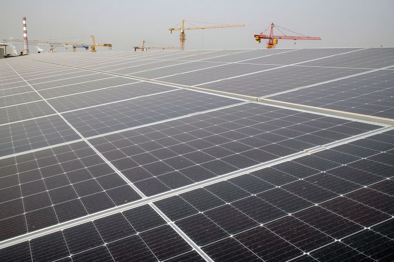 Longi Green Energy Technology Co. solar panels on the rooftop of an office building in Xi'an, China in March 2023.