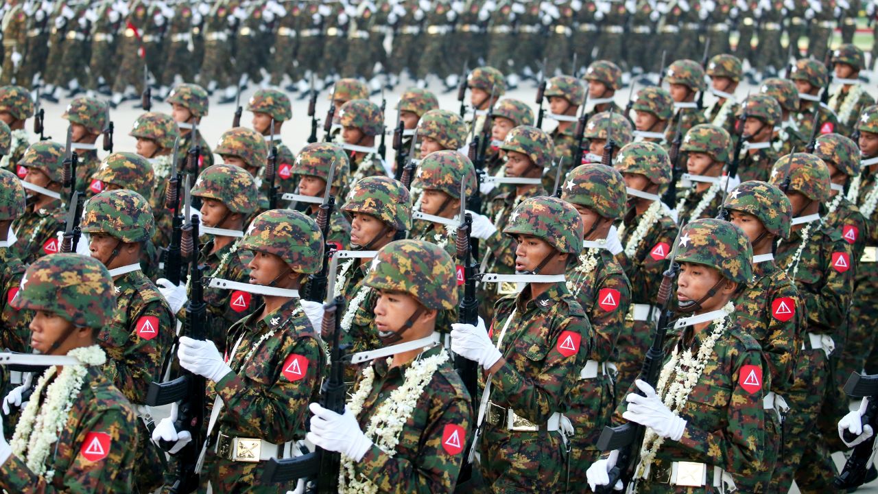 Soldiers march during a military parade to mark the 78th Armed Forces Day in Nay Pyi Taw, Myanmar, March 27, 2023. Myanmar celebrated its 78th Armed Forces Day on Monday with a military parade in the capital Nay Pyi Taw in commemoration of the start of its anti-fascist movement during World War II. (Photo by Myo Kyaw Soe/Xinhua via Getty Images)