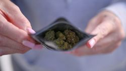 A customer displays a bag of "flower", or marijuana bud, that she purchased at an unlicensed cannabis dispensary in unincorporated Los Angeles County, just east of the Los Angeles city boundary, on December 21, 2022. - Unlicensed marijuana dispensaries use a variety of green signs, ornaments, and lettering to let customers know cannabis is for sale at the location. A 2016 referendum legalized recreational use of cannabis in California, 20 years after it was permitted for medical use with a prescription. The idea was to rid the streets of illegal sellers, to regulate the substance to ensure it was of sufficient quality, and to raise tax for state coffers -- goals shared by other jurisdictions, including Canada, Uruguay and Germany. The first legal shops opened in 2018, and are now found in many major cities. (Photo by Robyn BECK / AFP) (Photo by ROBYN BECK/AFP via Getty Images)