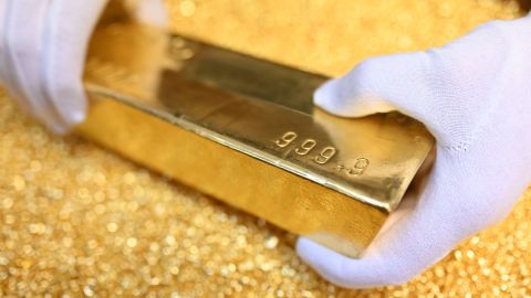 In Pforzheim, Germany, a gold bar weighing 12.5 kilograms (400 ounces), with a fine gold content of 99.99 percent and resting on gold granules is on display.