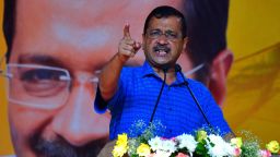 Delhi's chief minister Arvind Kejriwal speaks during a public rally in Guwahati on April 2, 2023.