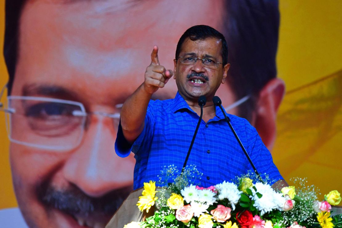 Delhi's chief minister Arvind Kejriwal addresses a public rally in Guwahati on April 2, 2023.