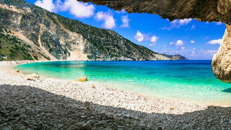 <strong>10. Myrtos Beach, Kefalonia Island, Greece. </strong>A white pebble shoreline backed by cliffs lures visitors to this spot where spring and fall mean fewer people.