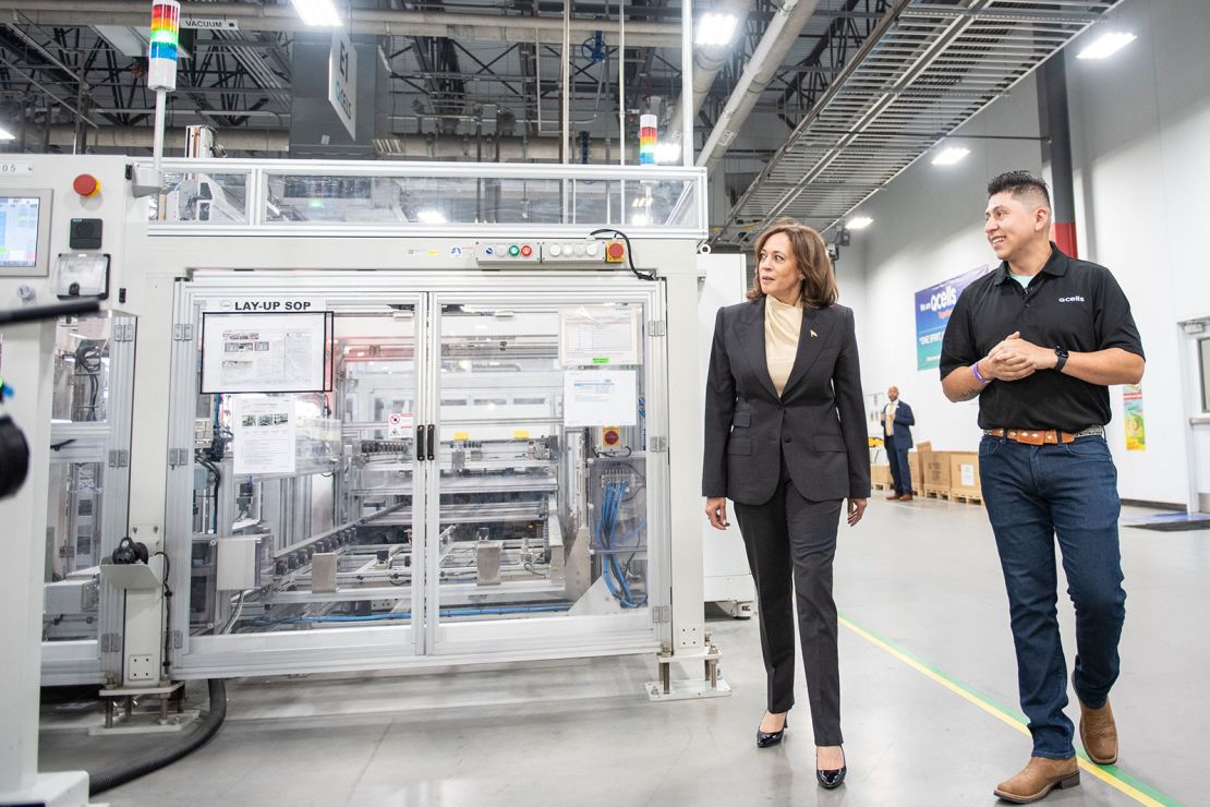 Vice President Kamala Harris visits the Qcells solar panel manufacturing plant in Dalton, Georgia, on April 6, 2023.