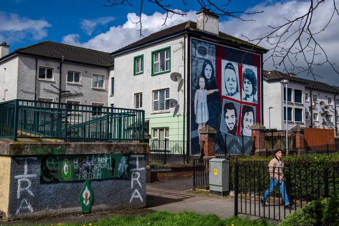 Murals on houses in the Bogside area of Londonderry, also known as Derry, Northern Ireland, the location of years of sectarian violence.