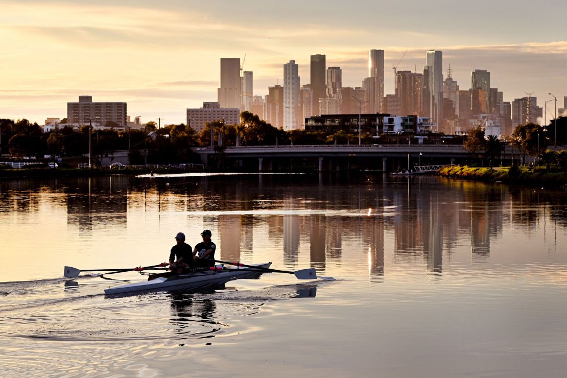 Rowers make their way along the Maribyrnong River outside of Melbourne, Australia on April 18, 2023.