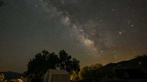 CALIFORNIA, USA - APRIL 24: A view of the Lyrids Meteor Shower and Milky Way in Panamint Springs of California, United States on April 24, 2023. (Photo by Tayfun Coskun/Anadolu Agency via Getty Images)