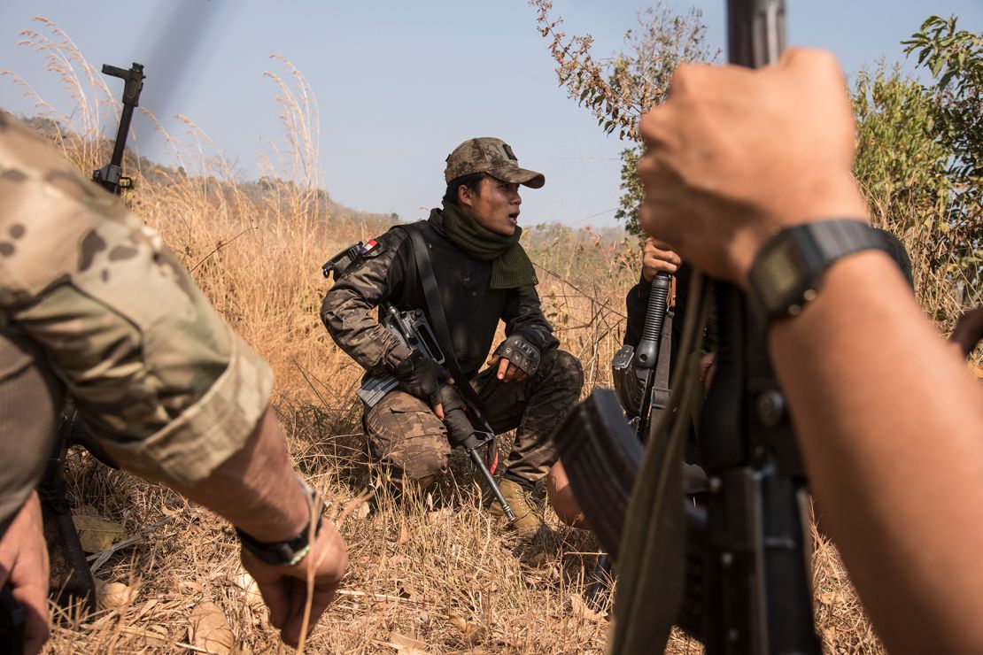 Soldiers from the Karenni Nationalities Defence Force (KNDF) under mortar shelling from the Myanmar army in Kayah state, Myanmar on January 28, 2023.