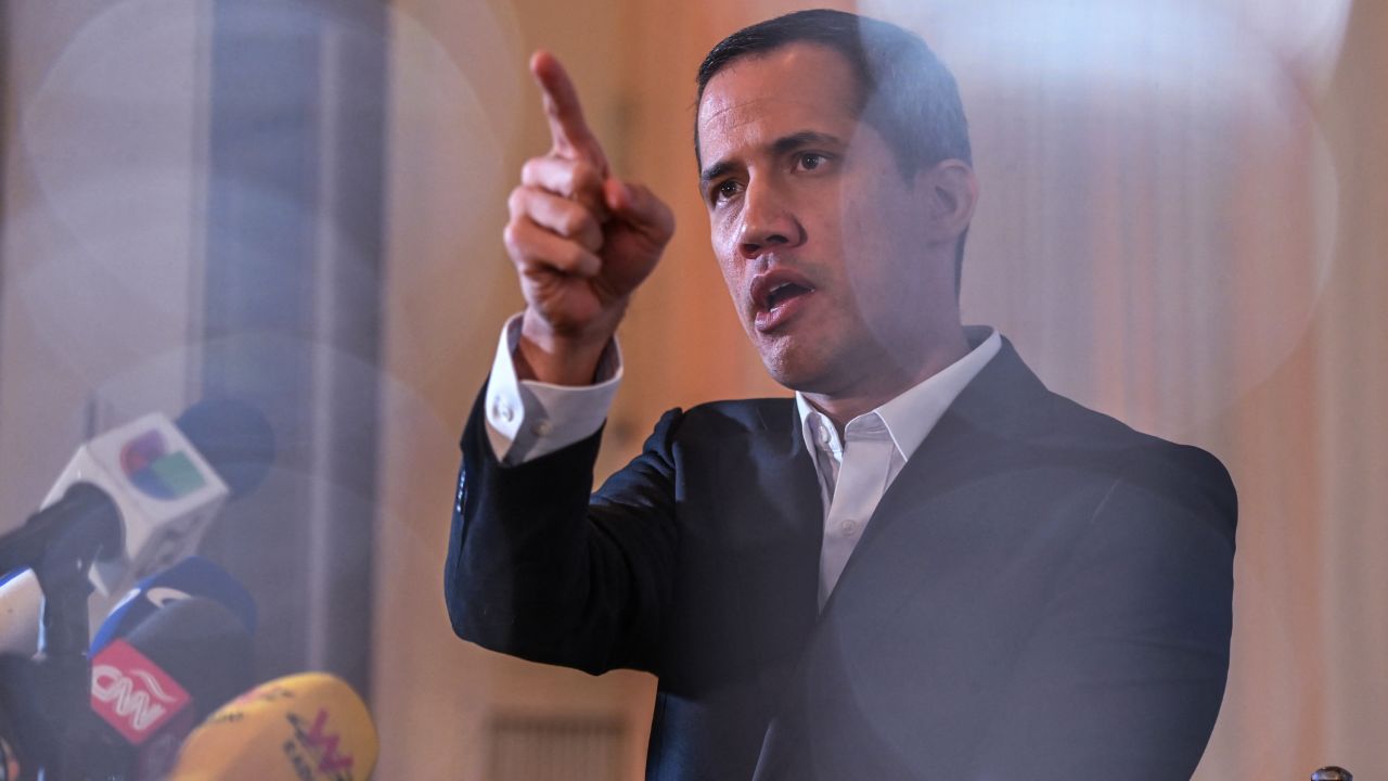 Venezuelan opposition politician Juan Guaido speaks to the press in Miami, Florida, on April 27, 2023. - Colombia forced Guaido to leave its borders on April 24, 2023, hours after he arrived in Bogota for a conference on Venezuela. Colombian President Gustavo Petro on April 25 denied expelling Guaido, but accused him of entering the country illegally. (Photo by Giorgio Viera / AFP) (Photo by GIORGIO VIERA/AFP via Getty Images)