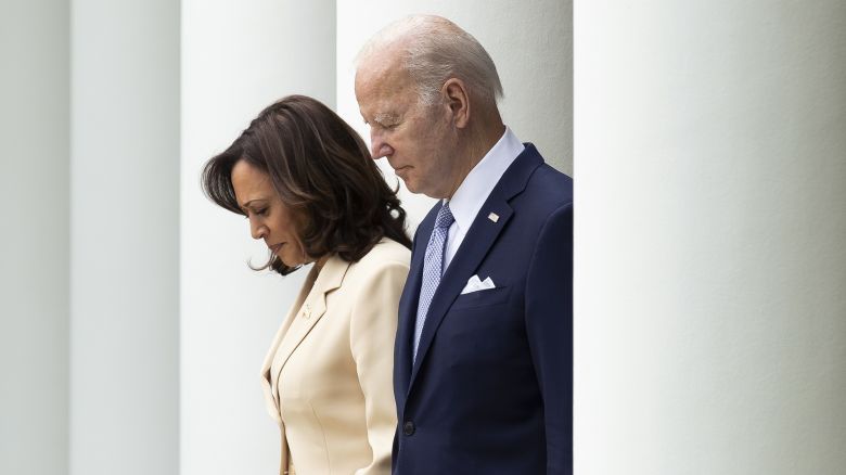US President Joe Biden, right, and US Vice President Kamala Harris arrive to a National Small Business Week event in the Rose Garden of the White House in Washington, DC, US, on Monday, May 1, 2023. The White House said Biden administration investments in America has led to 10.5 million applications to start small businesses in 2021 and 2022.