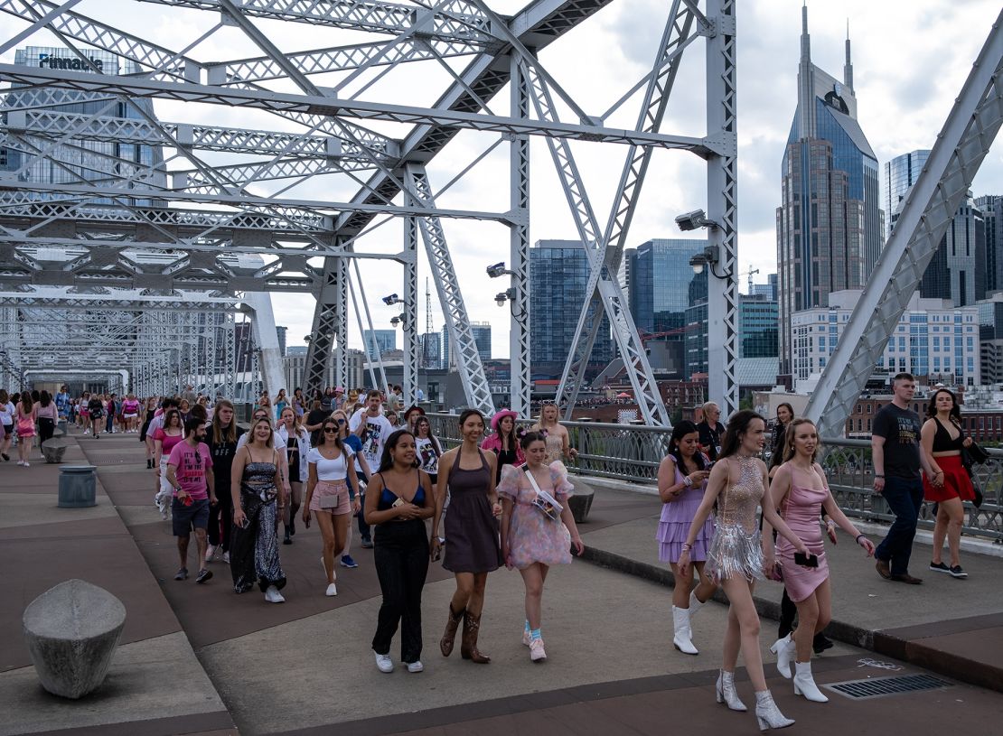 Fans make their way across the People's Bridge to Nissan Stadium ahead of Swift's performance on May 6, 2023.