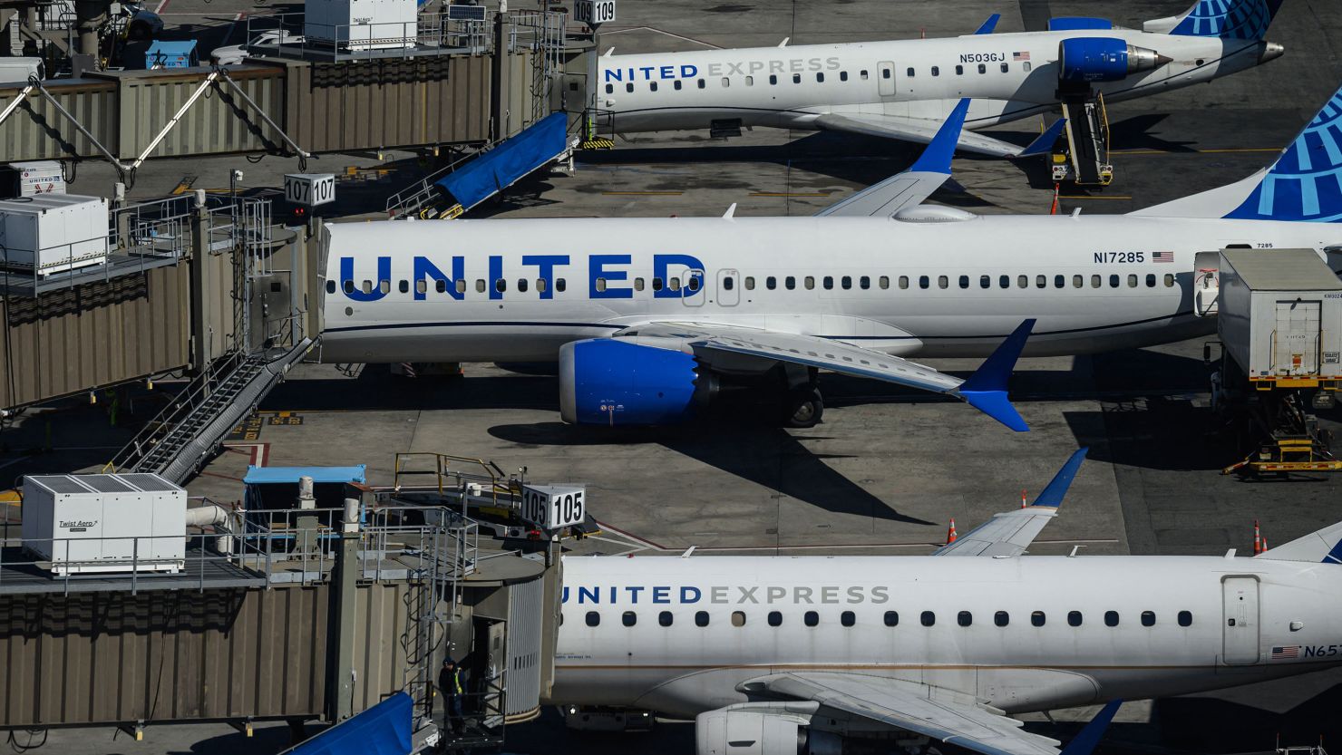 United Airlines aircraft are parked at Newark Liberty International Airport in Newark, New Jersey, on March 9, 2023.
