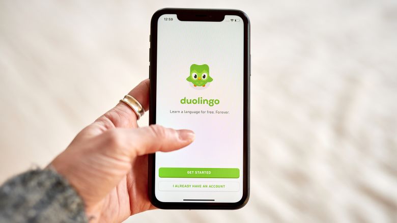 The Duolingo website on a smartphone arranged in the Brooklyn borough of New York, US, on Thursday, May 4, 2023. Duolingo Inc. is scheduled to release earnings figures on May 9. Photographer: Gabby Jones/Bloomberg via Getty Images
