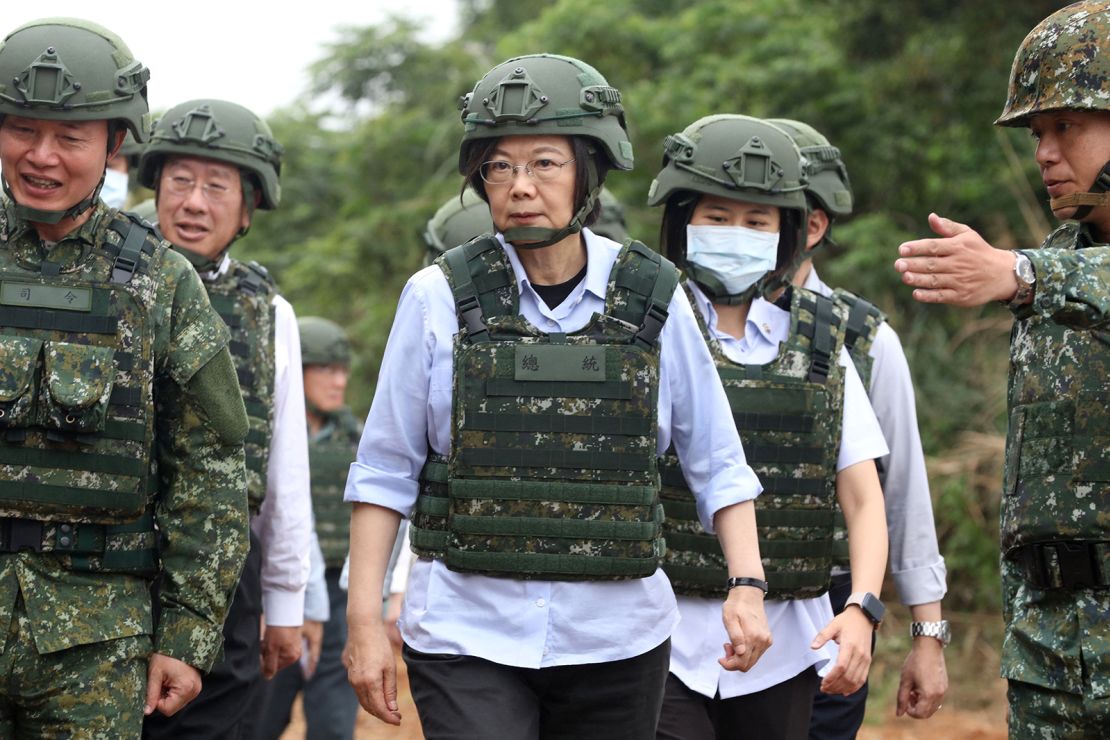 Taiwan President Tsai inspects reservists at a training session at a military base in Taoyuan on May 11, 2023.