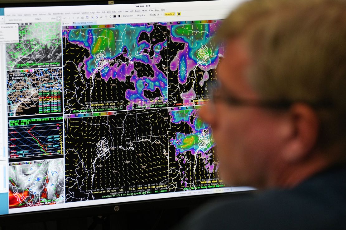 A meteorologist at the National Weather Service offices in Dickinson, Texas, on May 23, 2022.