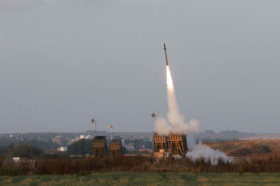 Israeli forces fire rockets from their Iron Dome defence system near the southern city of Sderot to intercept rockets launched from the Gaza Strip, on May 13, 2023.