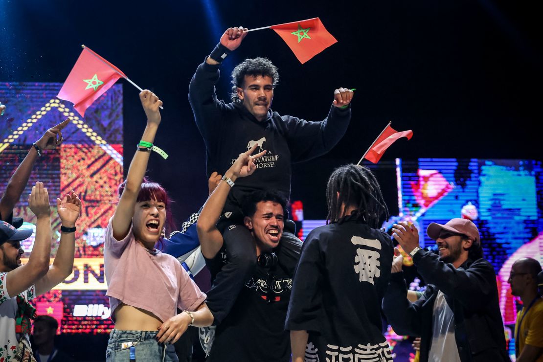 Morocco's Bilal Mallakh, aka B-boy Billy, celebrates winning the WDSF Breaking Africa Championship, in Rabat, on May 13, 2023.