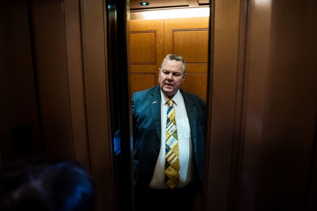 Sen. Jon Tester walks back to his office after a vote on Capitol Hill on Tuesday, May 16, 2023, in Washington, DC.