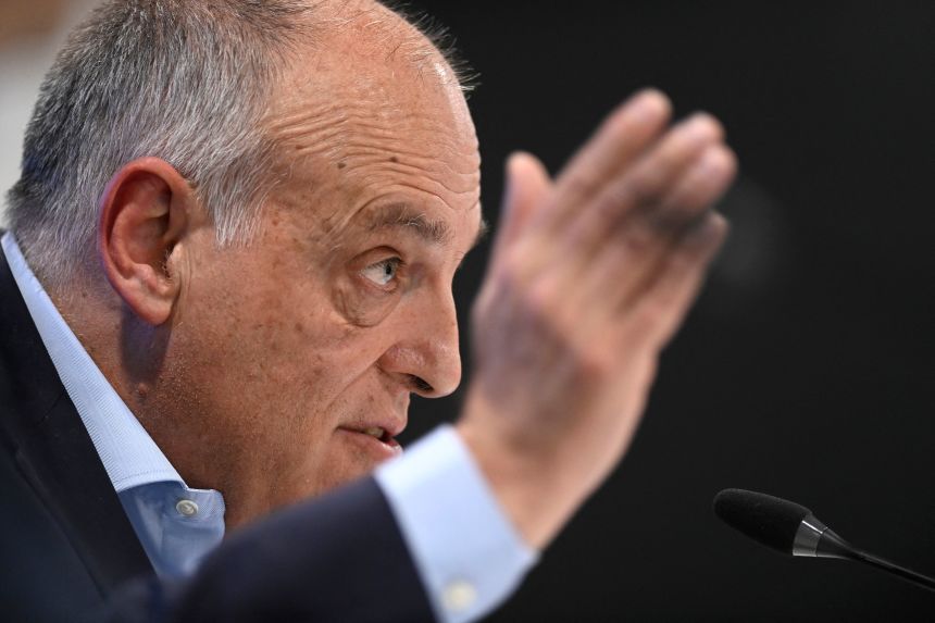 LaLiga president Javier Tebas speaks at a press conference in May 2023.