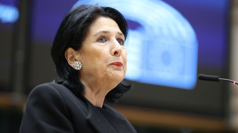 President of Georgia Salome Zourabichvili makes a speech at the European Parliament in Brussels, Belgium on May 31, 2023.