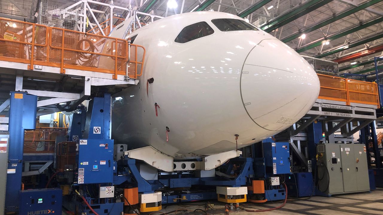 Boeing 787 Dreamliners are built at the aviation company's North Charleston, South Carolina, assembly plant on May 30, 2023. The plant is located on the grounds of the joint-use Charleston Air Force Base and Charleston International Airport.