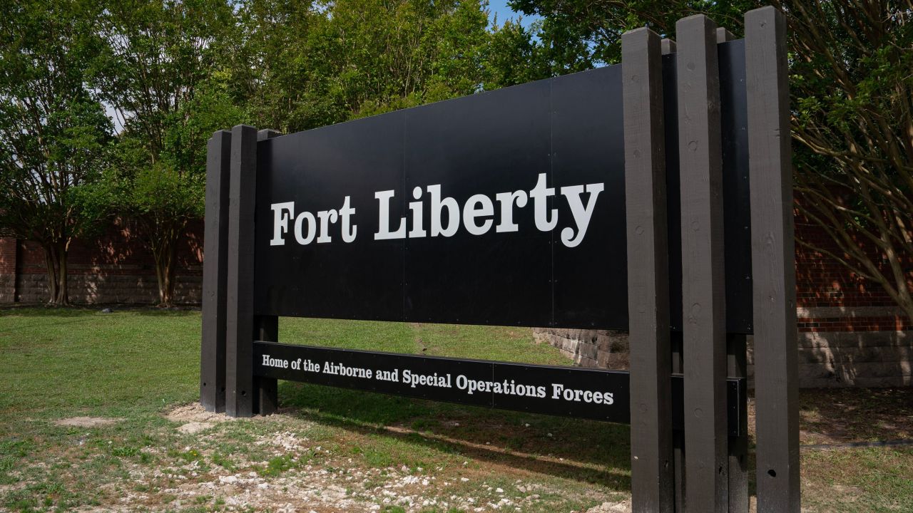 A sign after a ceremony renaming Fort Bragg as Fort Liberty, near Fayetteville, North Carolina, on June 2, 2023.