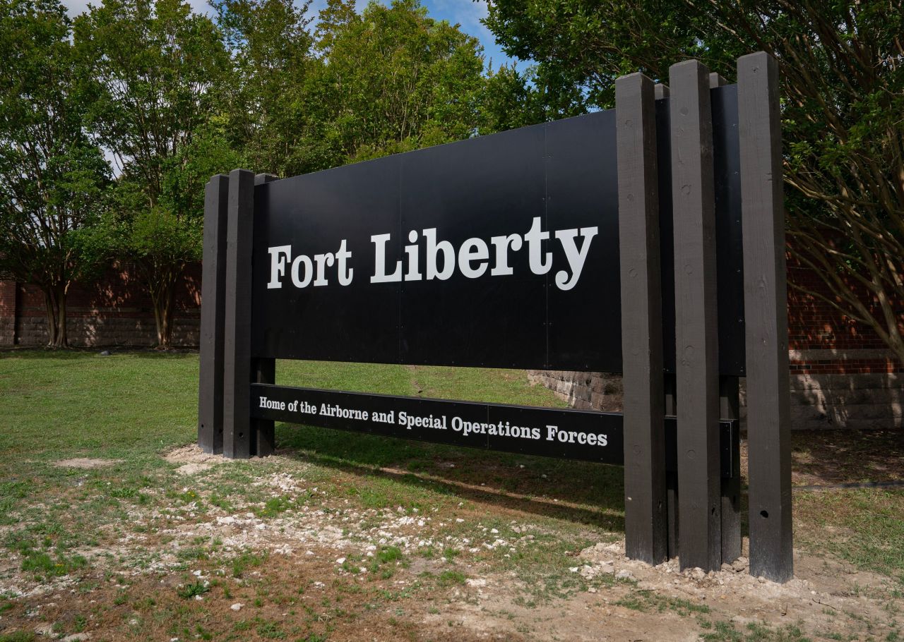 A sign after a ceremony renaming Fort Bragg as Fort Liberty, near Fayetteville, North Carolina, on June 2, 2023.