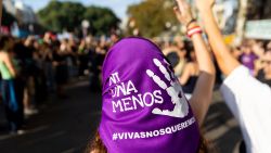 An activist wearing a headscarf takes part in the 8th annual "Ni una menos" (Not One Less) demonstration against gender violence in front of the Argentine National Congress in Buenos Aires, on June 3, 2023. Argentines turned out for the annual march against persistent gender-based violence Saturday, only days after a young woman was killed by a coworker who had harassed her. The now-iconic "Ni una menos," or "Not one less," chant is also meant to call attention to economic inequalities suffered by women, which many consider a form of violence in itself for limiting women's ability to extract themselves from dangerous situations. (Photo by Tomas CUESTA / AFP) (Photo by TOMAS CUESTA/AFP via Getty Images)