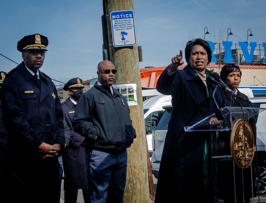 Washington, DC Mayor Muriel Bowser, at podium, announced new public safety measures in the wake of the rise in carjackings.